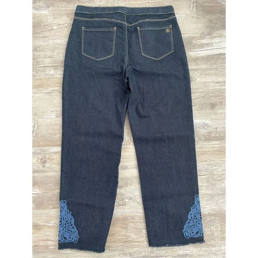 Susan Graver Embroidered Denim Crop Pants Women’s Sz 10